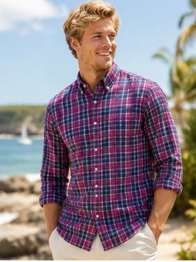 J.Crew Tartan Plaid Button Down Shirt Men’s LT Blue Pink Long Sleeve Casual